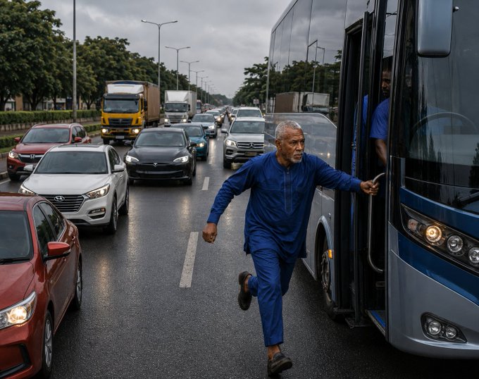 An older man in a blue traditional outfit urgently running across a busy multi-lane road to catch or exit a bus on the right, surrounded by traffic.