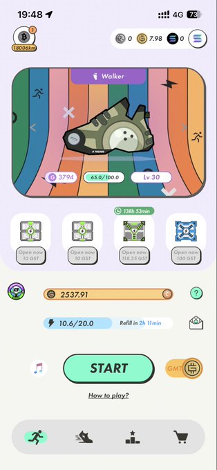 The image shows a phone screen displaying an app called "Walking Game". The game has multiple levels, each with different challenges and objectives. There are also various badges displayed on the screen, indicating the player's progress through the game. The background of the image is white, which contrasts nicely with the colorful elements within the app.