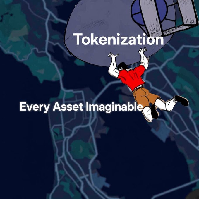 An illustration of a person in a red shirt lifting a massive weight labeled 'Tokenization' above a map background, with the text 'Every Asset Imaginable' on the left.