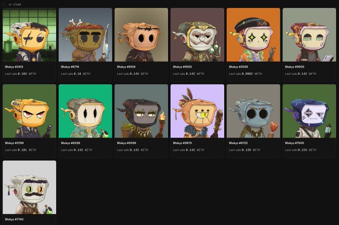 A webpage displaying a collection of 13 'Bluky' NFT items, each featuring a different cartoonish character variant with various last-sale prices in WETH listed below.