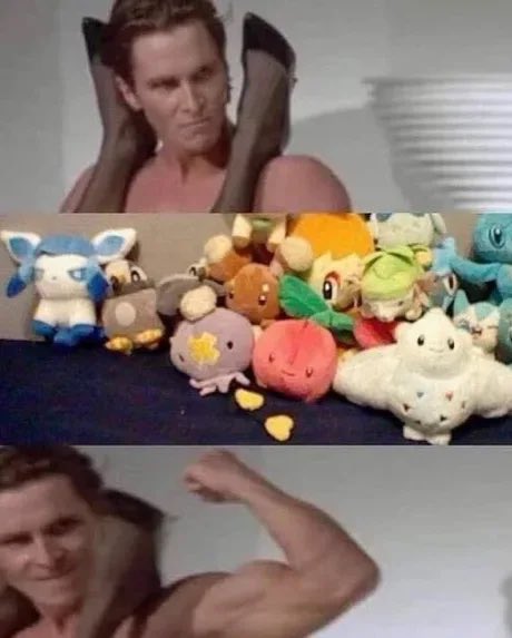 A three-panel meme featuring a shirtless man flexing his muscles, with the middle panel showing a large pile of various Pokémon plush toys, including Glaceon, Eevee, and Squirtle.