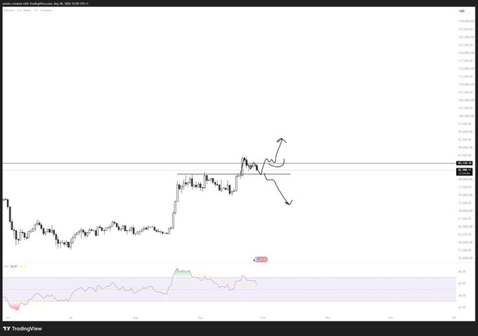 A TradingView chart of what appears to be Bitcoin, showing price action with hand-drawn arrows indicating potential upward and downward movements near key resistance levels.