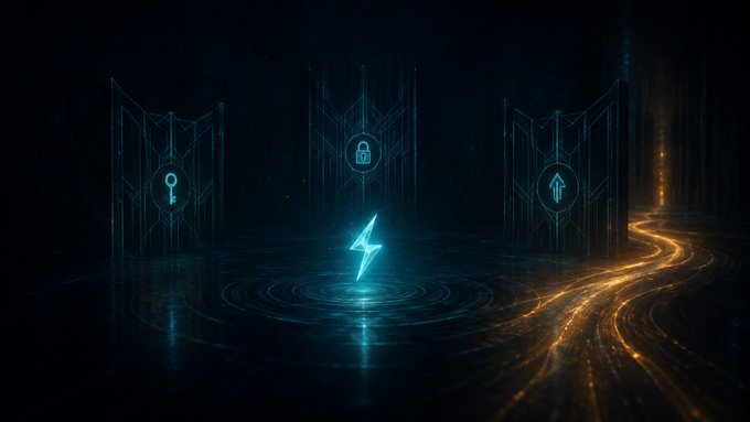 A dark digital artwork featuring glowing teal icons including a key, padlock, and upward arrow, with a lightning bolt symbol and golden flowing light trails.