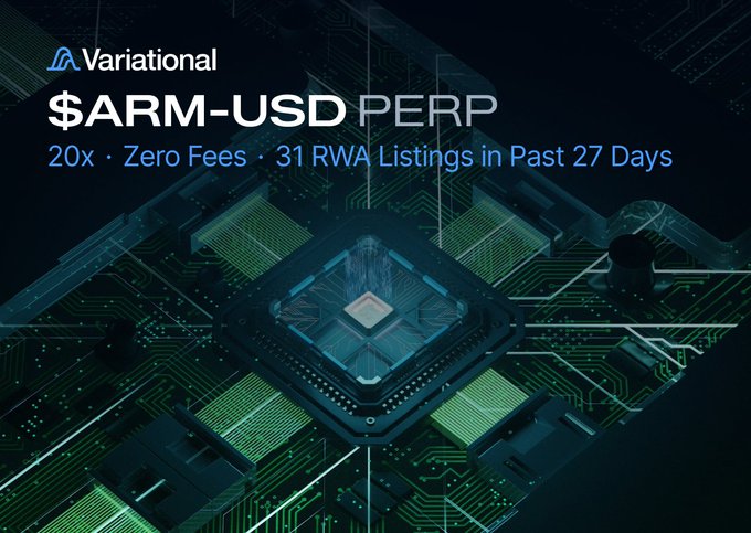 The image shows a circuit board of an electronic device, with the text "Arm-USSD Perp" written above it. The background of the image is black, making the circuit board stand out prominently. Below the circuit board, there's some text that reads "Arm-USSD Perps are now live with zero fees and up to 20x leverage. 100 RWA markets in 90 days". This information suggests that the post is about a new business opportunity related to electronic devices or ARM technology.