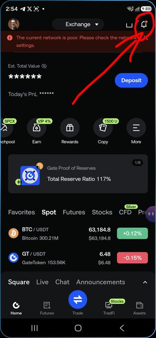 A screenshot of the Gate.io mobile app home screen showing BTC/USDT at 63,184.8 (+0.12%) and GT/USDT at 6.48 (-0.15%), with a red arrow pointing to the notification bell icon in the top right corner, illustrating step 3 of the instructions to claim the free $5 reward.