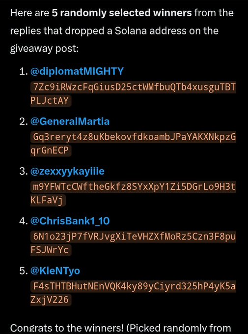 The image announces 5 randomly selected giveaway winners—@diplomatMIGHTY, @GeneralMartia, @zexxyykayiiie, @ChrisBank1_10, and @KleNTyo—each with their Solana wallet addresses, aligning with the post congratulating winners for receiving $ANSEM tokens.