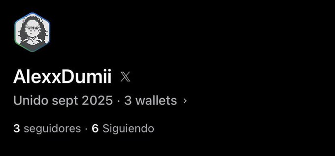 A profile screenshot for 'AlexxxDumii' on what appears to be a social platform, showing the account was joined in September 2025, has 3 wallets, 3 followers, and is following 6 accounts, with a pixel art avatar.