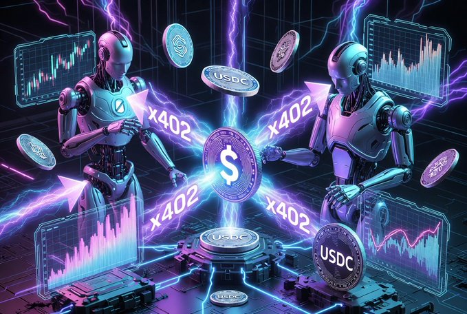 A futuristic digital illustration of two humanoid robots interacting with floating USDC cryptocurrency coins and dollar symbols, with 'x402' labels and trading chart displays, set against a purple lightning background.