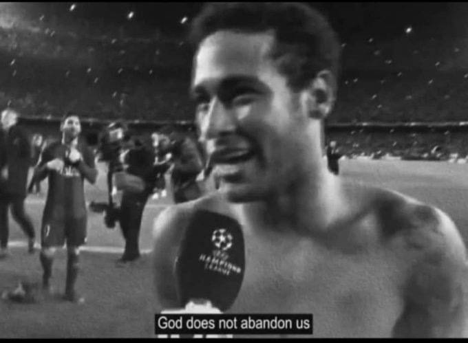 A black-and-white UEFA Champions League interview shows a shirtless, smiling player with the caption "God does not abandon us," humorously used to rally support for the poster's $ANSEM bag going higher during exam week. The image's triumphant, grateful-after-victory tone echoes the poster's confident optimism about both their crypto bag and upcoming exams.