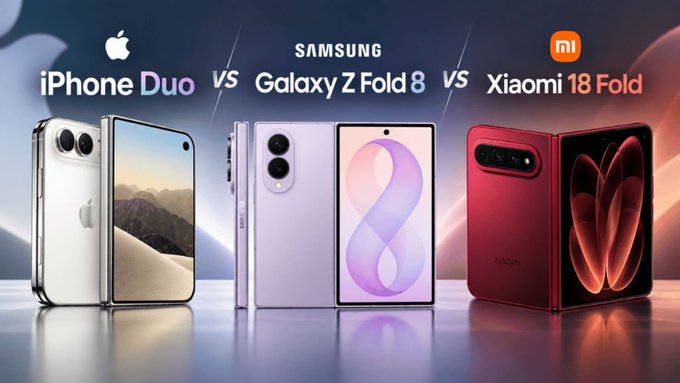 A promotional comparison graphic showcasing three foldable smartphones: the Apple iPhone Duo, Samsung Galaxy Z Fold 8, and Xiaomi 18 Fold, displayed side-by-side against a dramatic backdrop.