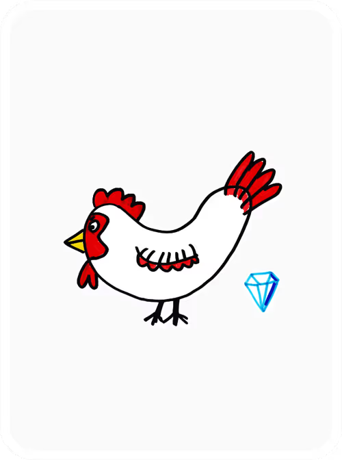 A simple digital illustration of a white chicken with red comb and wattle next to a blue diamond icon.