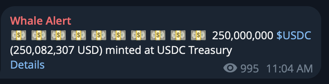 A Whale Alert notification reports that 250,000,000 USDC (worth $250,082,307) was minted at the USDC Treasury at 11:04 AM. This aligns with the post indicating that $250 million in new liquidity was issued on Solana.