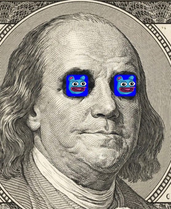 The face of Benjamin Franklin on a US $100 bill with cartoon 'Popcat' emojis covering his eyes.