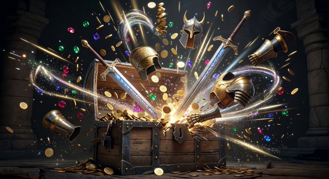 A fantasy digital illustration depicts an open treasure chest bursting with gold coins, gems, swords, and knight's armor in a stone dungeon setting.