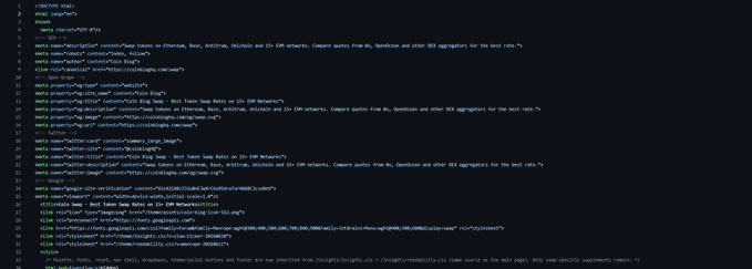A code editor displaying HTML and JavaScript source code with multiple lines starting with '<meta name="twitter' and '<meta name="facebook' tags for social media integration.