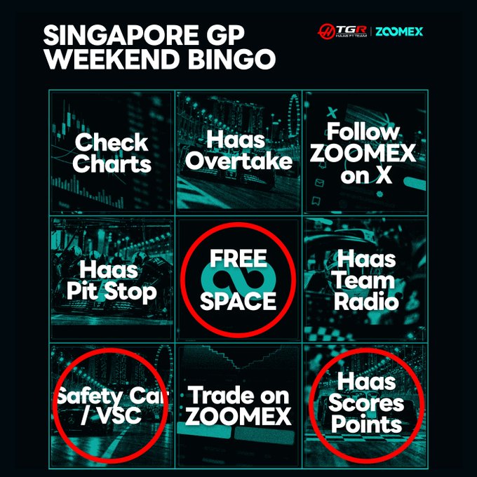 A 'Singapore GP Weekend Bingo' card from Haas F1 Team and ZOOMEX displays a 3x3 grid with options like 'Haas Overtake', 'Safety Car / VSC', and 'Haas Scores Points' circled in red.