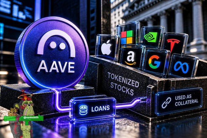 A 3D graphic showing an AAVE token connected to tokenized stocks (Apple, Amazon, Google, NVIDIA, Tesla, Microsoft) used as collateral for loans, with a watermark '@rennskieth'.