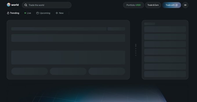 A dark-themed user interface for a platform called 'world' features a 'Trade the world' search bar and navigation tabs for Trending, Live, Upcoming, and New.