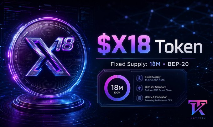 A promotional banner for the $X18 Token with a fixed supply of 18M on BEP-20 (BNB Smart Chain), described as powering the future of DEX, with KRYPTOM branding.