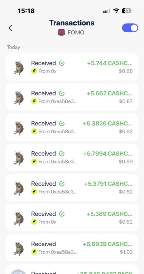 A mobile wallet app screenshot showing a 'Transactions' page for FOMO, displaying multiple incoming CASHC transactions received from addresses including 0xea58e3... with amounts ranging from approximately $0.82 to $1.02 each.