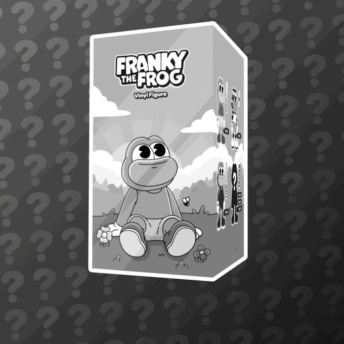 A black and white illustration of a 'FRANKY THE FROG' vinyl figure in packaging, set against a gray background patterned with question marks, suggesting it is a mystery or blind box item.