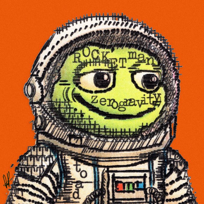 An illustrated artwork on an orange background depicts an astronaut with a green face, featuring the text 'ROCKET man' and 'zengravity' across the helmet visor.