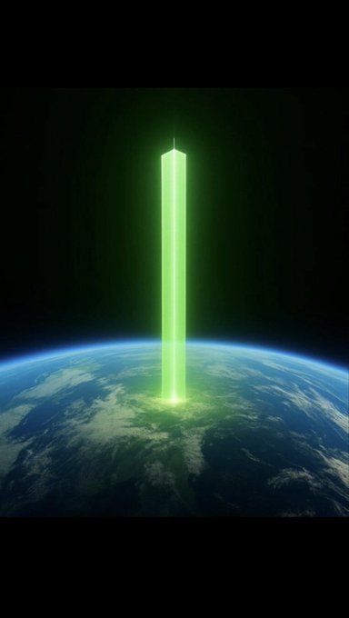 A glowing green obelisk-like beam of light emanating from Earth and extending into space against a black background.