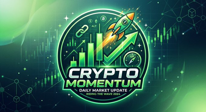 A vibrant green-themed crypto graphic featuring a rocket, upward arrows, and candlestick charts with the text 'CRYPTO MOMENTUM DAILY MARKET UPDATE RIDING THE WAVE 2025' and icons for ALT, $, B, and U.