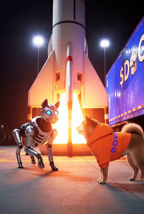 ursine robot and dog, both wearing orange hoodies with "DOG" text, stand on a gray concrete surface under artificial lights.