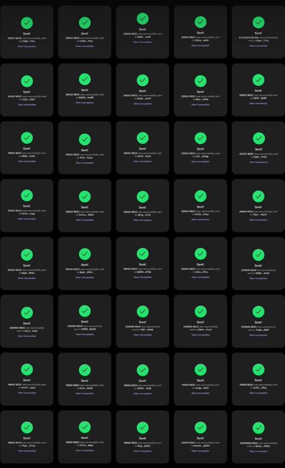 A grid of identical green checkmark icons labeled "Saved" with timestamps from Tuesday, July 8, representing mass-saved scam giveaway posts for $SOL cryptocurrency. The repetitive pattern suggests bots or automated accounts saving a deceptive giveaway tweet requesting Solana addresses in exchange for promised tokens.
