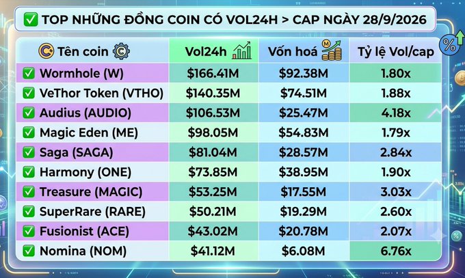 A Vietnamese-language crypto table titled 'TOP NHỮNG ĐỒNG COIN CÓ VOL24H > CAP NGÀY 28/9/2026' listing tokens including Wormhole (W) at $166.41M, VeThor (VTHO) at $140.35M, Audius (AUDIO), Magic Eden (ME), Saga (SAGA), Harmony (ONE), Treasure (MAGIC), SuperRare (RARE), Fusionist (ACE), and Nomina (NOM) at $41.12M, with their market caps and Vol/cap ratios.