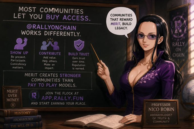 The image features a cartoon woman dressed in purple clothing, standing behind a desk with an open book in front of her. She has a serious expression as she points at something on the chalkboard that says "Most communities let you buy access @RallyOnChain works differently. You earn your spot by showing up contributing, and building trust over time." The woman is holding a pencil, which further emphasizes her point about the importance of contribution in creating stronger communities.