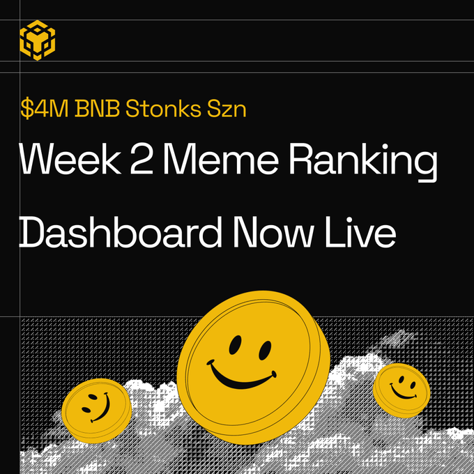 A dark promotional graphic with yellow text reading "$4M BNB Stonks Szn" above the headline "Week 2 Meme Ranking Dashboard Now Live," accompanied by three yellow smiley-face coin illustrations over a halftone cloud background. The image visually reinforces the post's announcement of the live meme ranking dashboard for the $4M BNB Stonks Szn competition, with the cheerful coins symbolizing the meme-themed leaderboard now available on the BNB Chain dAppBay campaign page.