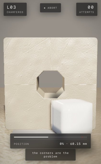A minimalist puzzle game interface labeled 'L03 CHAMFERED' showing a white cube near a square hole with chamfered corners, indicating '00 ATTEMPTS' and the hint 'the corners are the problem'.