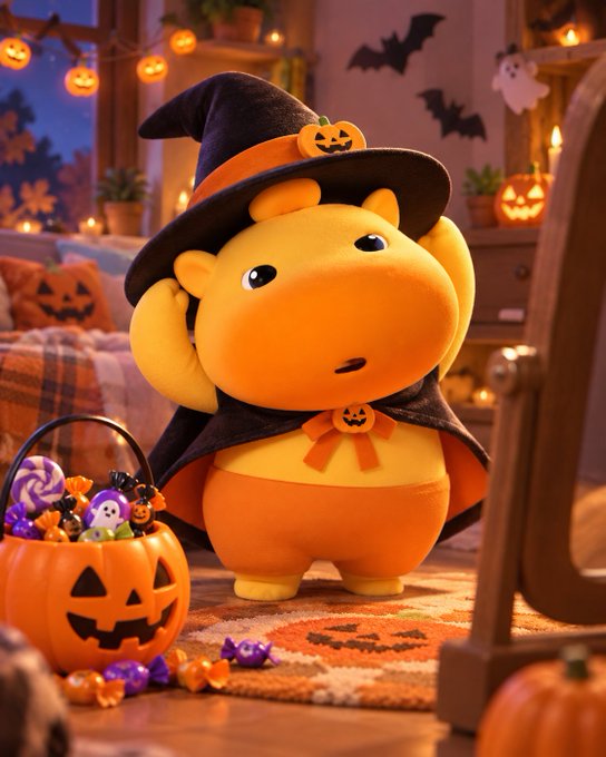 A 3D-rendered Halloween scene featuring an adorable yellow cartoon creature wearing a black witch hat and cape, positioned next to a jack-o'-lantern bucket filled with candy in a cozy decorated room.