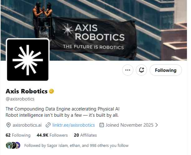 A screenshot of an X/Twitter profile page for 'Axis Robotics' (@axisrobotics) with 44.9K followers, featuring their logo and tagline 'The Compounding Data Engine accelerating Physical AI. The future is robotics.'