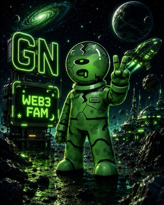 A green digital art illustration features an astronaut in camouflage giving a peace sign on an alien planet, with neon signs reading "GN" and "WEB3 FAM" and a "JROSS" name tag.