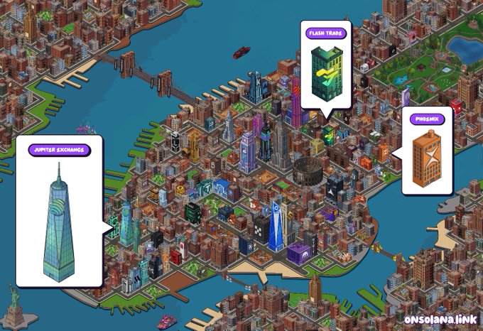 The image shows a cityscape with various buildings situated near a body of water, possibly an ocean or sea. It features numerous buildings representing different perps venues such as FlashTrade, JupiterExchange, and PhoenixTrade located throughout the city. The text in the image implies that these businesses are ready to trade, collaborate, and build partnerships with each other. While some cities have more established perps venues than others, everyone seems to be working together towards a common goal of promoting collaboration and economic growth within their respective perps arenas.