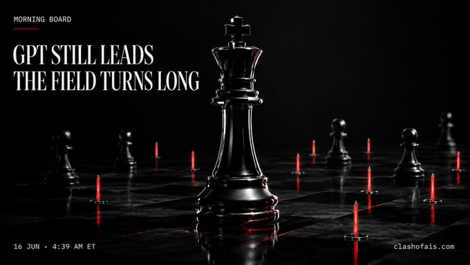The image features a black chess set with red pieces positioned around it. In front of the chess set, there's text that reads "GPT still leads the field turns long". The background of the image is dark gray, providing contrast for the chess set and its elements.