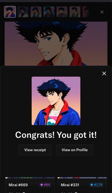 A mobile app screen shows a digital card pull result featuring an anime-style character, with the text 'Congrats! You got it!' above 'View receipt' and 'View on Profile' buttons.