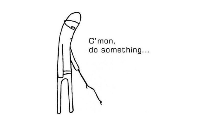 A simple black-and-white line drawing shows a stick figure wearing a beanie, hunched over and pointing a stick at the ground, with the text "C'mon, do something..." — humorously depicting impatience and stagnation, which mirrors the post's frustration with AVAX (Avalanche) failing to make a notable price move.