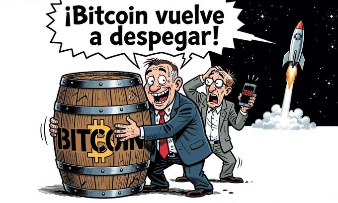 A cartoon illustration of two businessmen excitedly pushing a large wooden barrel labeled 'BITCOIN' while a rocket launches in the background, with a speech bubble reading '¡Bitcoin vuelve a despegar!' (Bitcoin takes off again!).