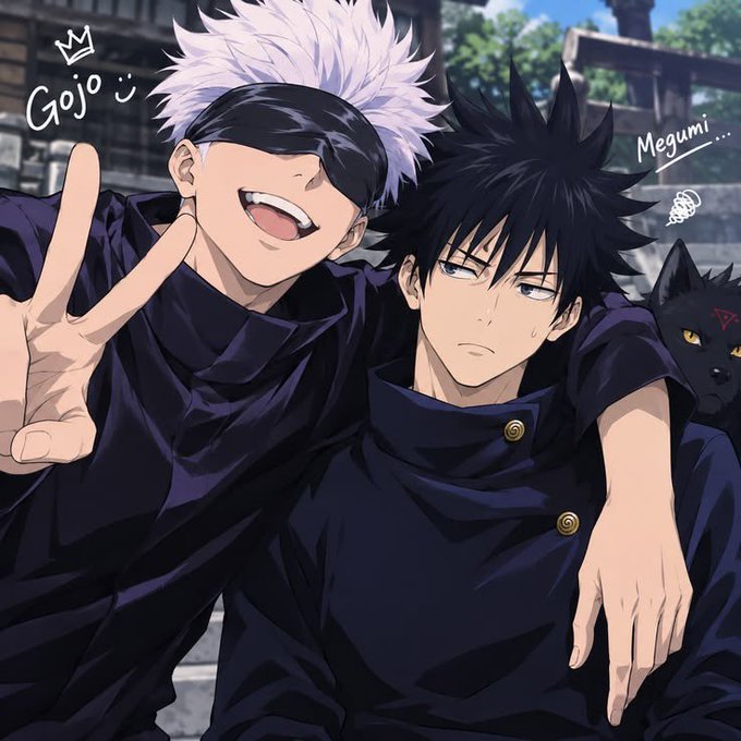An anime illustration of Gojo and Megumi from Jujutsu Kaisen in their school uniforms, with "Gojo" and "Megumi" labeled with small doodles next to them.