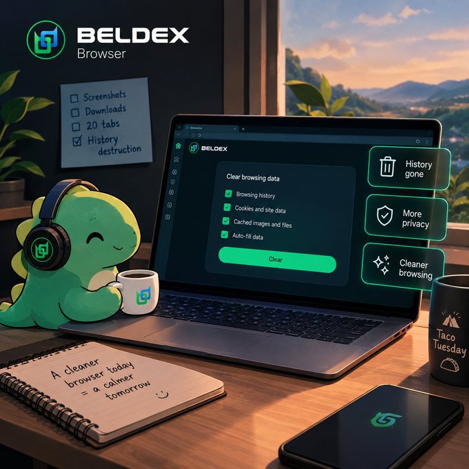 An advertisement for "BELDEX Browser" featuring a laptop displaying a 'Clear browsing data' interface, alongside a green dinosaur character wearing headphones, with text noting 'A cleaner browser today = a calmer tomorrow.'