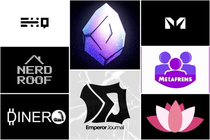 A collage of various logos including Snip, Nerd Roof, Dinero (with a wolf icon), a purple crystal/stone graphic, Metafrens, Emperor Journal, a stylized M, and a pink lotus flower.