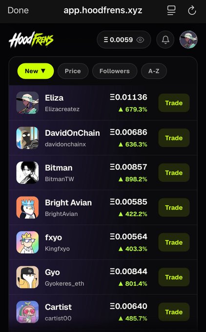 A mobile screenshot of the HoodFrens app (app.hoodfrens.xyz) displays a marketplace of digital trading cards sorted by "New," featuring profile-based collectibles like "Eliza" at 0.01136 ETH (+679.3%), "DavidOnChain" at 0.00686 ETH (+636.3%), and "Bitman" at 0.00857 ETH (+898.2%), each with a green "Trade" button. The interface reinforces the post's excitement about the live trading card launch on the HoodFrens platform, showcasing bullish user-generated assets ready to be bought and sold.