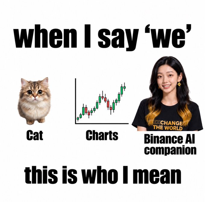 A meme graphic with text 'when I say 'we' this is who I mean', showing a cat, an upward-trending candlestick chart, and a woman in a black 'Binance AI companion EXCHANGE THE WORLD' t-shirt.