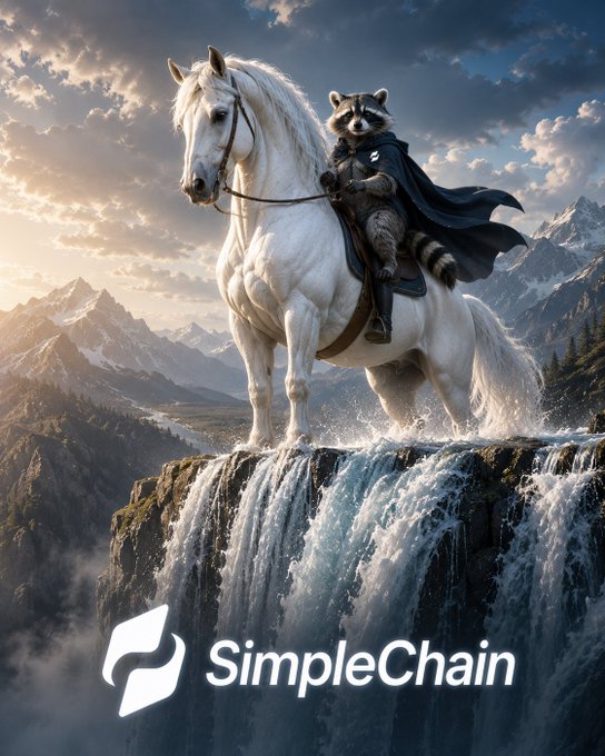 An epic fantasy scene showing a raccoon in a dark cloak riding a white horse at the edge of a waterfall, with the 'SimpleChain' logo at the bottom.