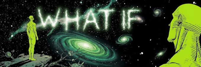 The image shows the word "WHAT IF" written in glowing text against a starry background, with a lime green figure looking out at galaxies. This visually represents the branding for the "$IF" token or community mentioned in the accompanying post.