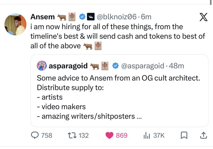 A screenshot of a Twitter/X exchange where Ansem (@blknoiz06) announces hiring and rewarding top contributors, quoting asparagoid's advice to distribute supply to artists, video makers, and writers.